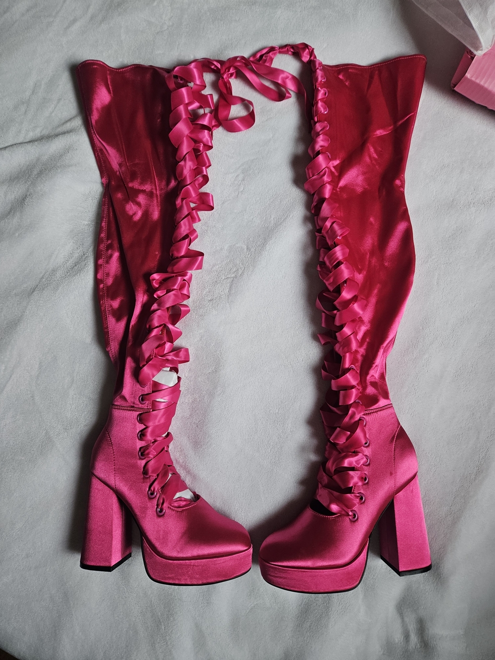 Sugar Thrillz Hot Pink Lace-Up Platform Thigh-High Boots